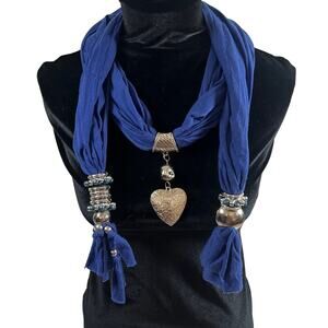 Royal Blue Scarf Heart Pendant Necklace Wrap Silver Beaded Metallic Accents